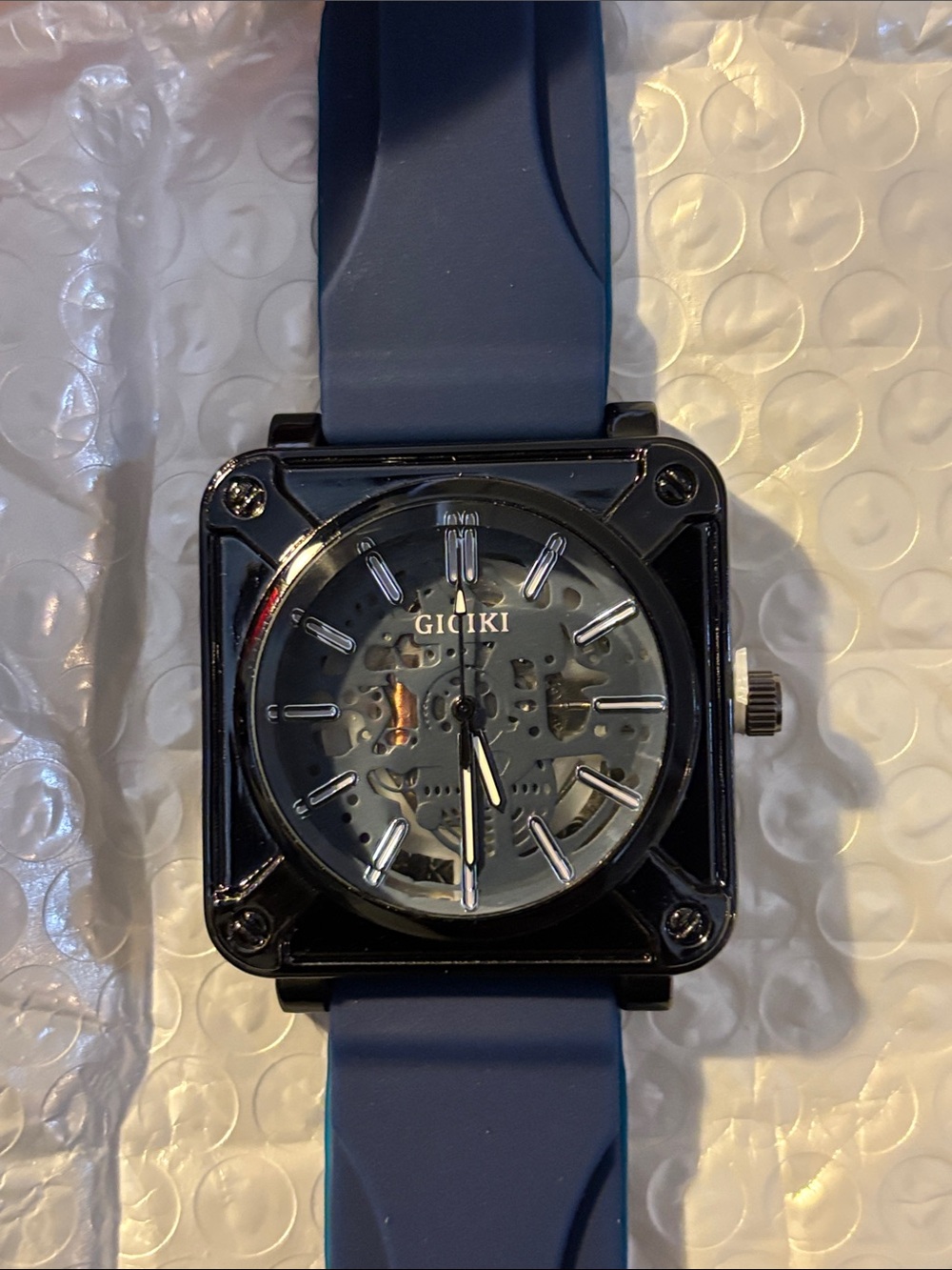 Men’s Blue Silicone Strap Skeleton Dial Watch with Black Case